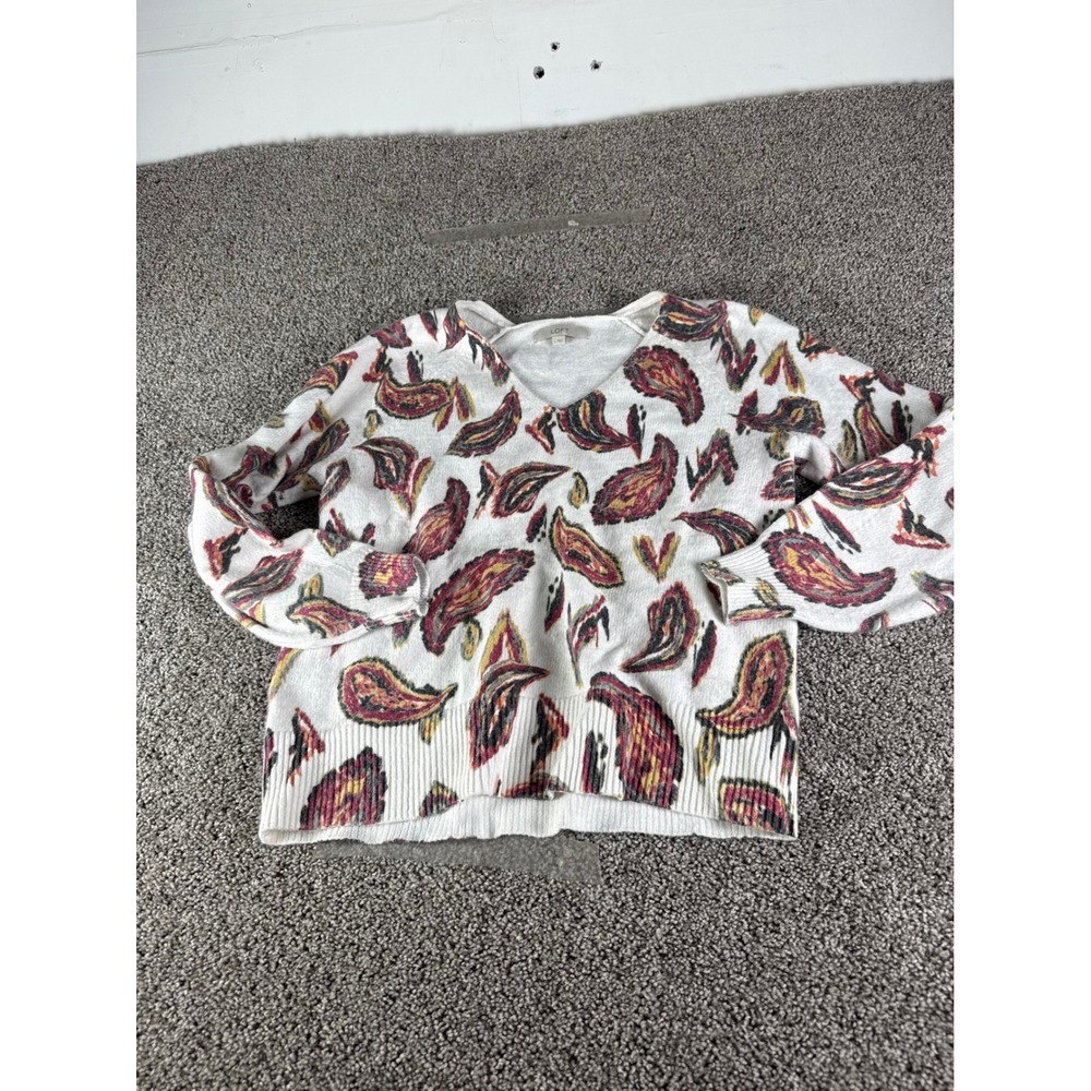 Loft Womens V-Neck Sweater White Paisley Print Long Sleeve Knit Top Size L